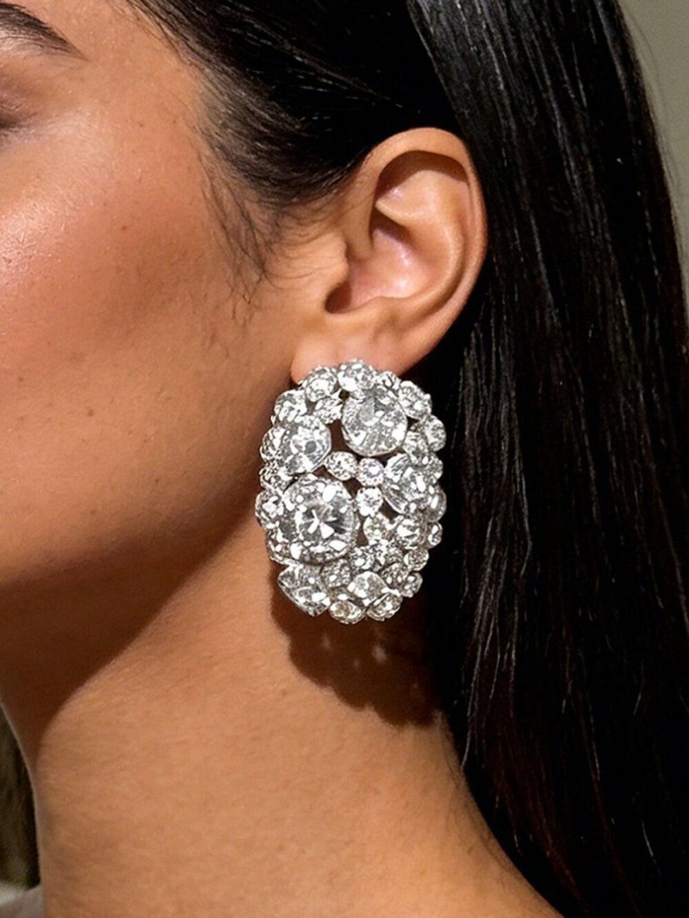 Silver Elegant Women's Oversized Clip-On Rhinestone Earrings